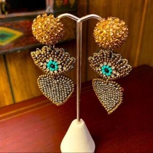 Beaded Evil Eye Heart Link Dangle Earrings in Black and Gold